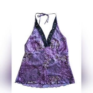 Vintage Purple Halter Top with Beaded Trim Size Large
